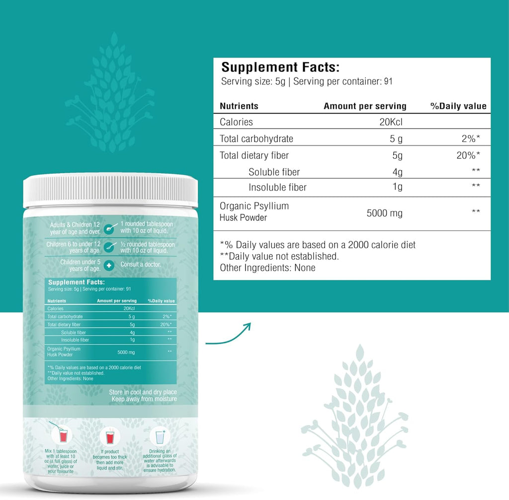 Organic Psyllium Husk Powder 16 oz - Psyllium Husk Powder Organic for Gut Cleanse & Regularity - Premium Fiber Supplement - Vegan, Gluten-Free, Non-GMO, USDA Certified