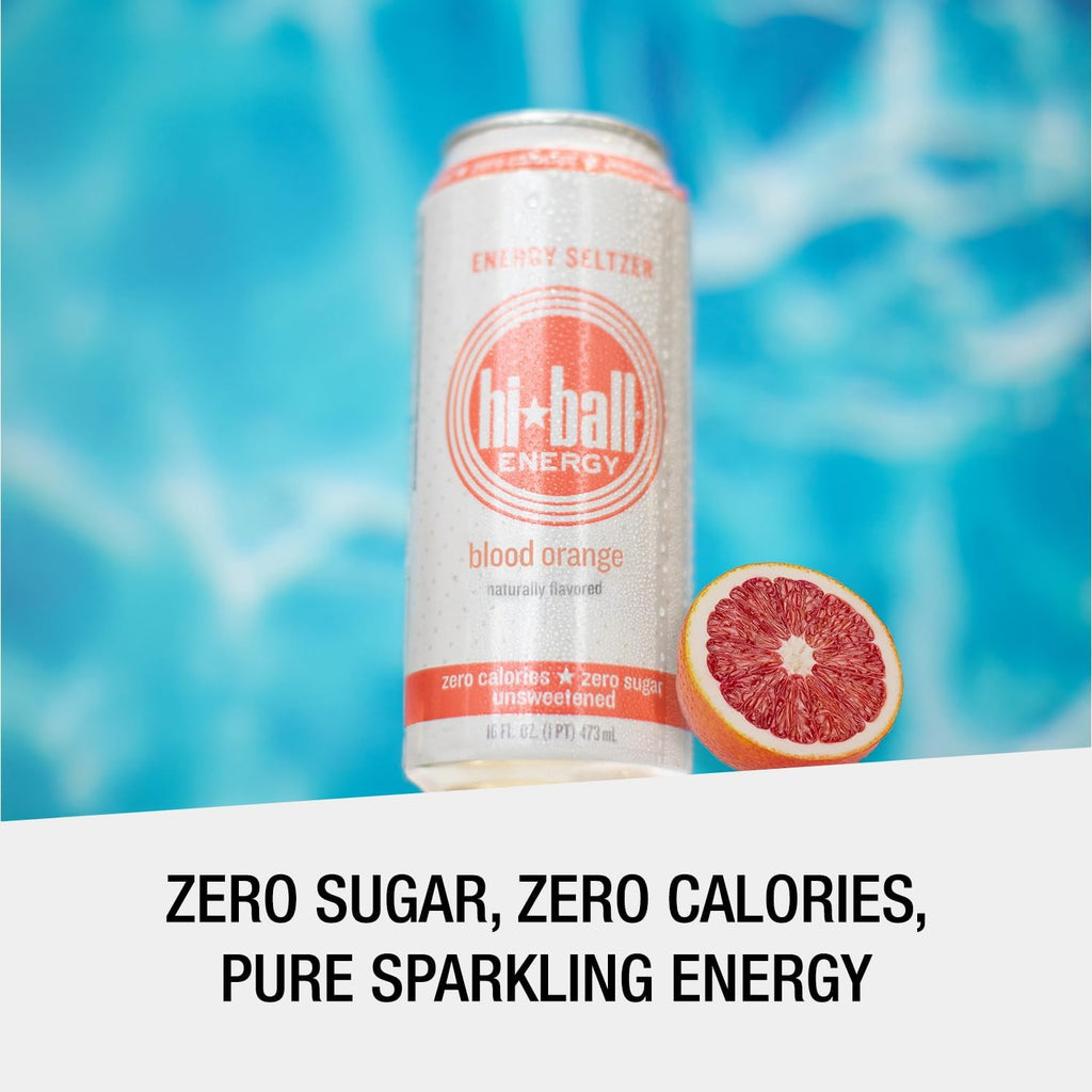 Hiball Clean Energy Drink - Blood Orange - Zero Sugar, Zero Calorie Sparkling Water with 160mg Organic Caffeine, 50mg Organic Ginseng, 50mg Organic Guarana and B Vitamins - 16 fl oz (8-Pack)