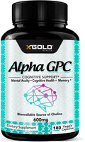 Alpha GPC Choline Supplement 600mg, 99%+ Highly Purified, Highly Bioavailable Source of Choline,180 Veggie Capsules, Cognitive Enhancer Nootropic, Supports Memory & Brain Function, Boosts Focus & Mood
