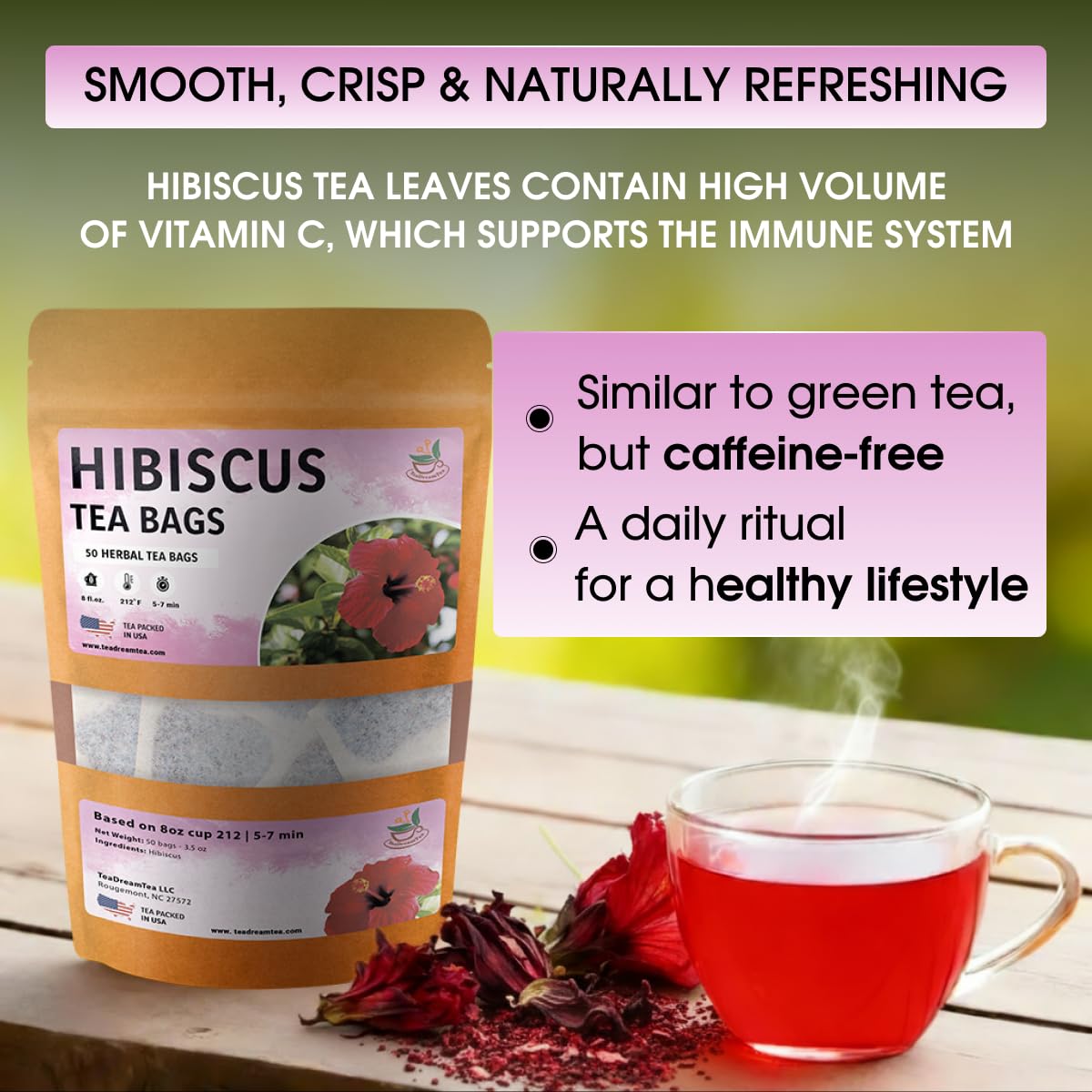 TeaDreamTea Hibiscus Tea Bags | 50 Bleach-Free Tea Bags | Caffeine Free | Dried Hibiscus Flowers | Hibiscus Flower Tea | Dried Flower Tea | Brew Hot or Iced |Herbal Hibiscus Tea