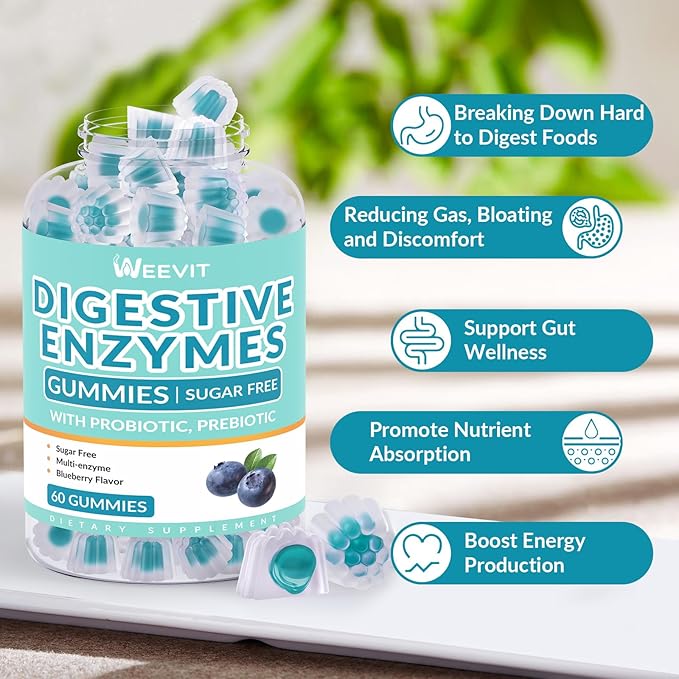 Digestive Enzymes Gummies, Chewable Digestive Enzymes Gummy with Probiotics & Prebiotics Blend for Women Men, Sugar Free | Vegan | Blueberry Flavored