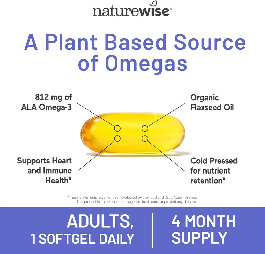 NatureWise Flaxseed Oil 1400 mg, Fish Free, High Potency Omega 3 with 812 mg ALA, Dietary Supplement for Heart Health Support - Organic, Cold Pressed, Non-GMO - 120 Softgels[120-Day Supply]