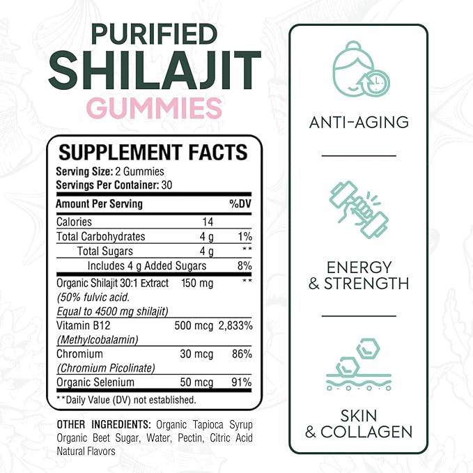 Organics Ocean Shilajit for Men and Women - Natural Supplement with Vitamin B12, Chromium and Selenium for Age-Defying, Energy, Hormone Support and More - 60 Shilajit Gummies