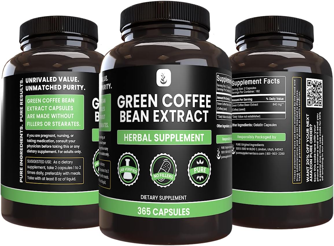 PURE ORIGINAL INGREDIENTS Green Coffee Bean Extract (365 Capsules) No Magnesium Or Rice Fillers, Always Pure, Lab Verified