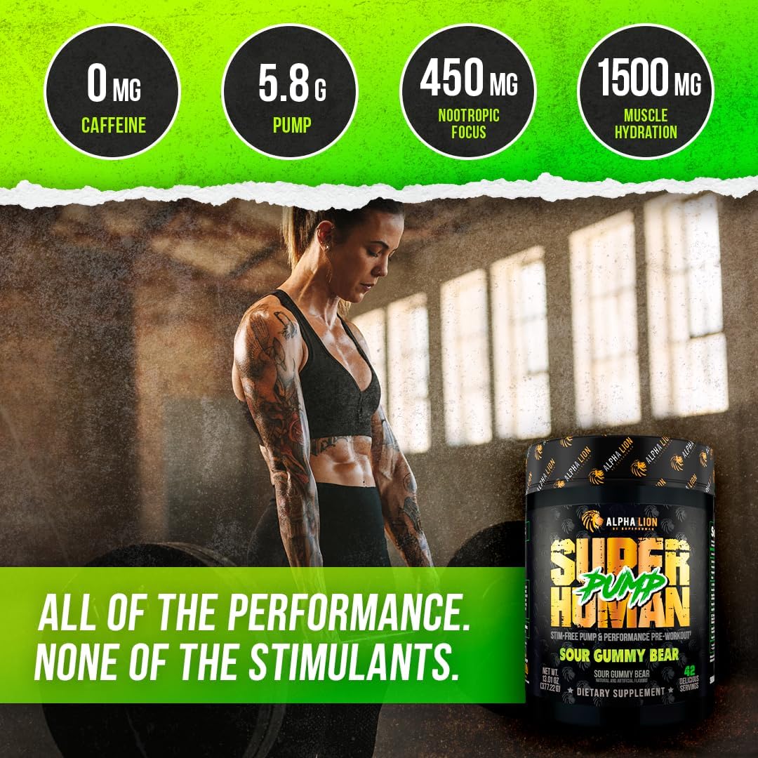 ALPHA LION Superhuman Pump Pre Workout Powder, Nootropic Caffeine & Stim Free Preworkout Supplement, Nitric Oxide Booster, Muscle Gainer, Energy & Focus (42 Servings, Sour Gummy Bear)