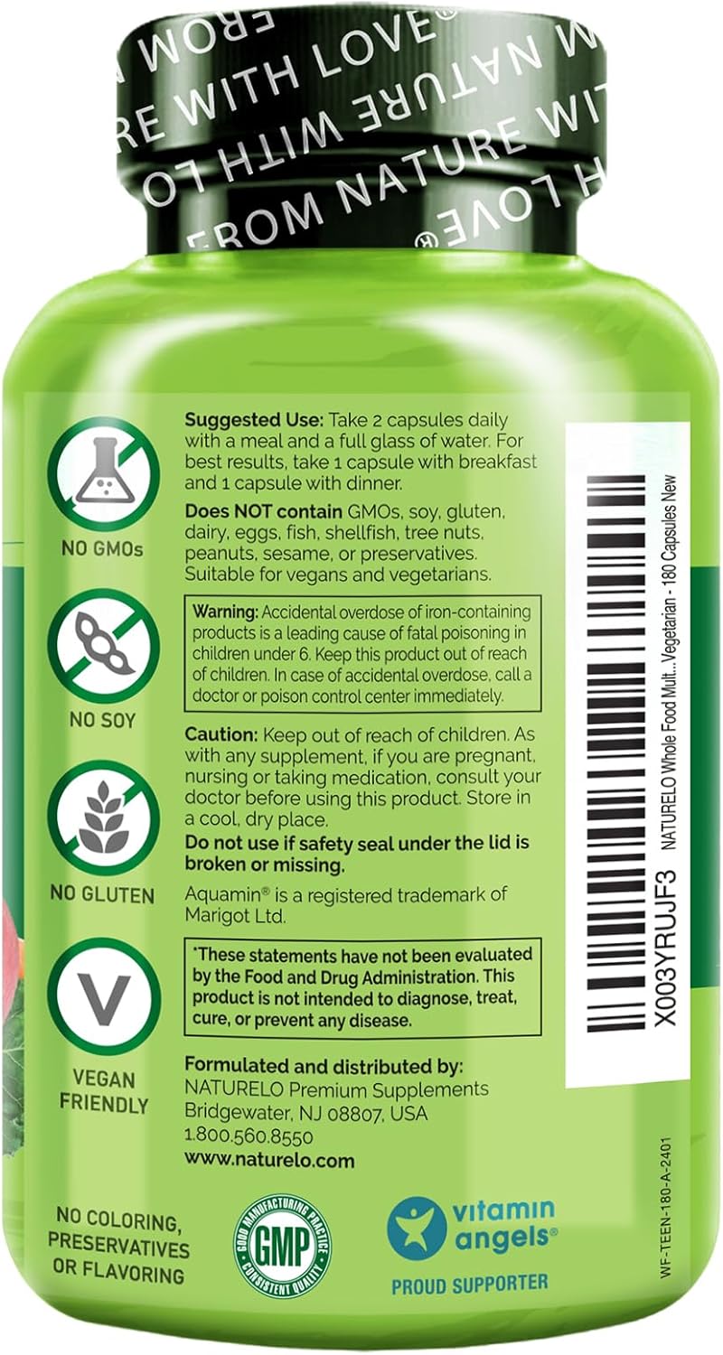 NATURELO Teen Multivitamin - Whole Food Multivitamin - with Minerals for Teenage Boys & Girls - Supplement for Active Kids - Non-GMO - Vegan & Vegetarian - 180 Capsules