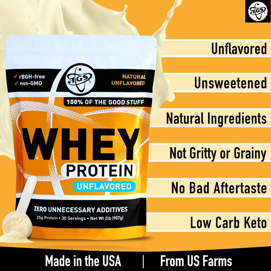 Whey Protein Powder Unflavored, Unsweetened, Keto Friendly - 2lb - Low Carb, Low Calorie, No Soy, Made in USA