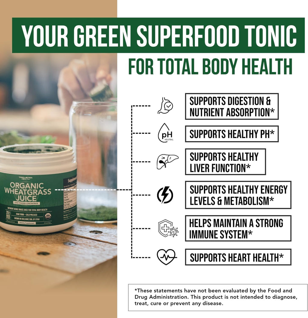 Organic Wheatgrass Juice Powder - Organic, Grown in Volcanic Soil of Utah - Raw BioActive Form, Cold-Pressed Then CO2 Dried, 20:1 Concentrate Juice Extract - Unflavored (5.3 oz – 60 Servings)