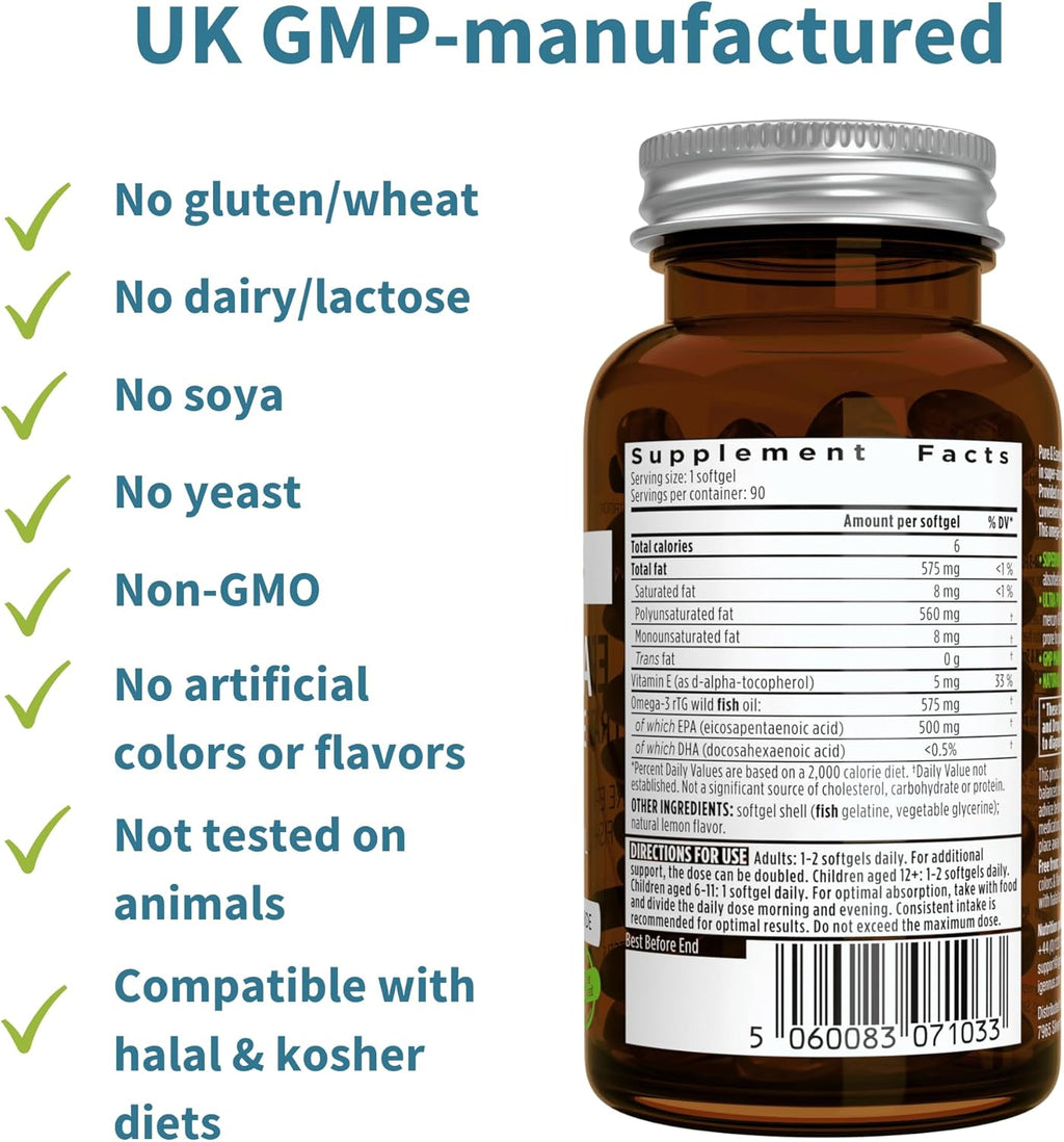 Igennus Ultra Pure Omega-3 EPA 500mg, Highly Concentrated IFOS Certified Wild Fish Oil, Advanced rTG Triglyceride Form, Non-GMO, 90 Small Softgels