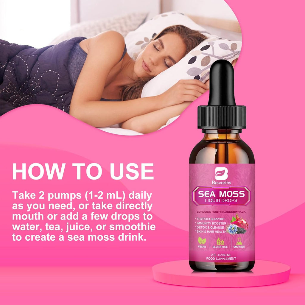 Sea Moss Liquid Drops - Black Seed Oil & Irish Sea Moss Gel with Burdock Root Bladderwrack, Elderberry, Spirulina, Seamoss Supplement for Energy Booster, Digestive Health - 4 Fl Oz, Vegan