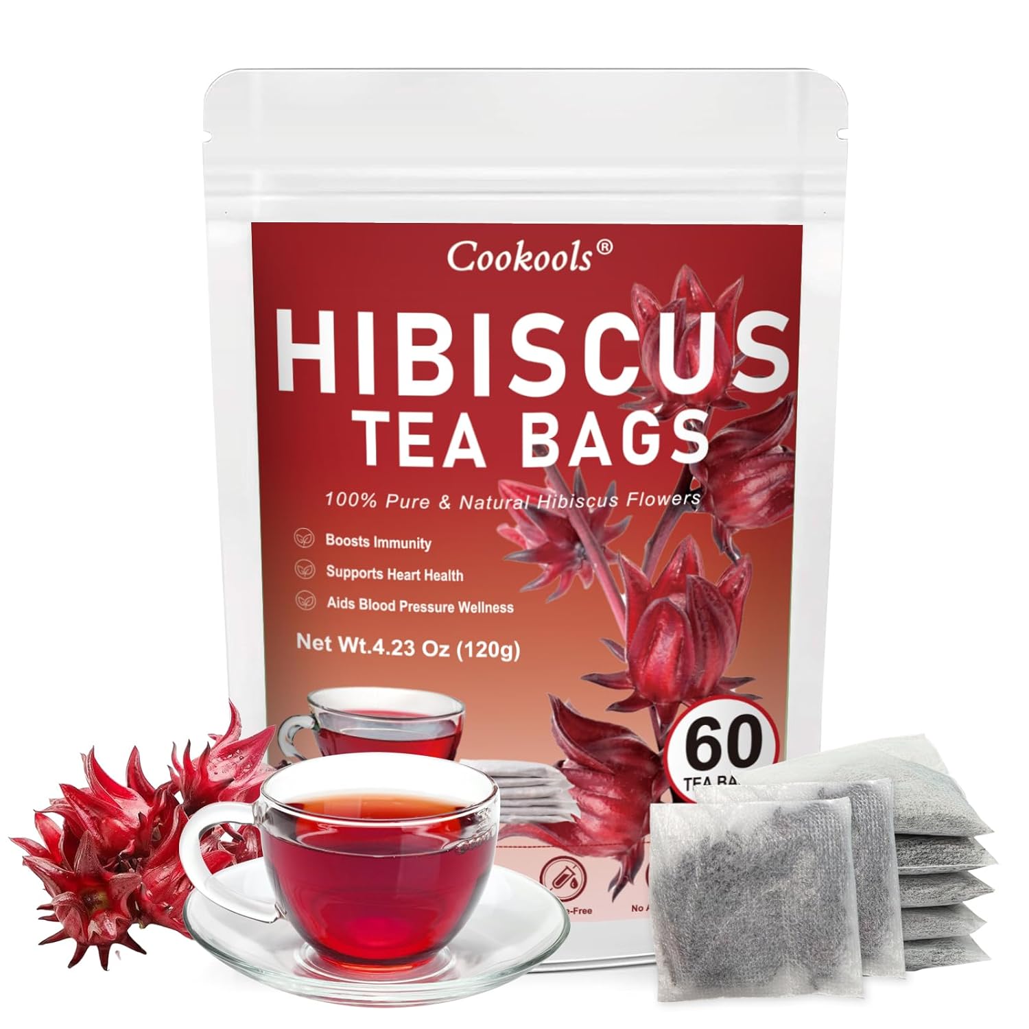Hibiscus Tea Bags 2g x 60 Teabags | 100% Natural Hibiscus Immune & Antioxidants Support | Tart & Refreshing Herbal Tea | Caffeine-Free