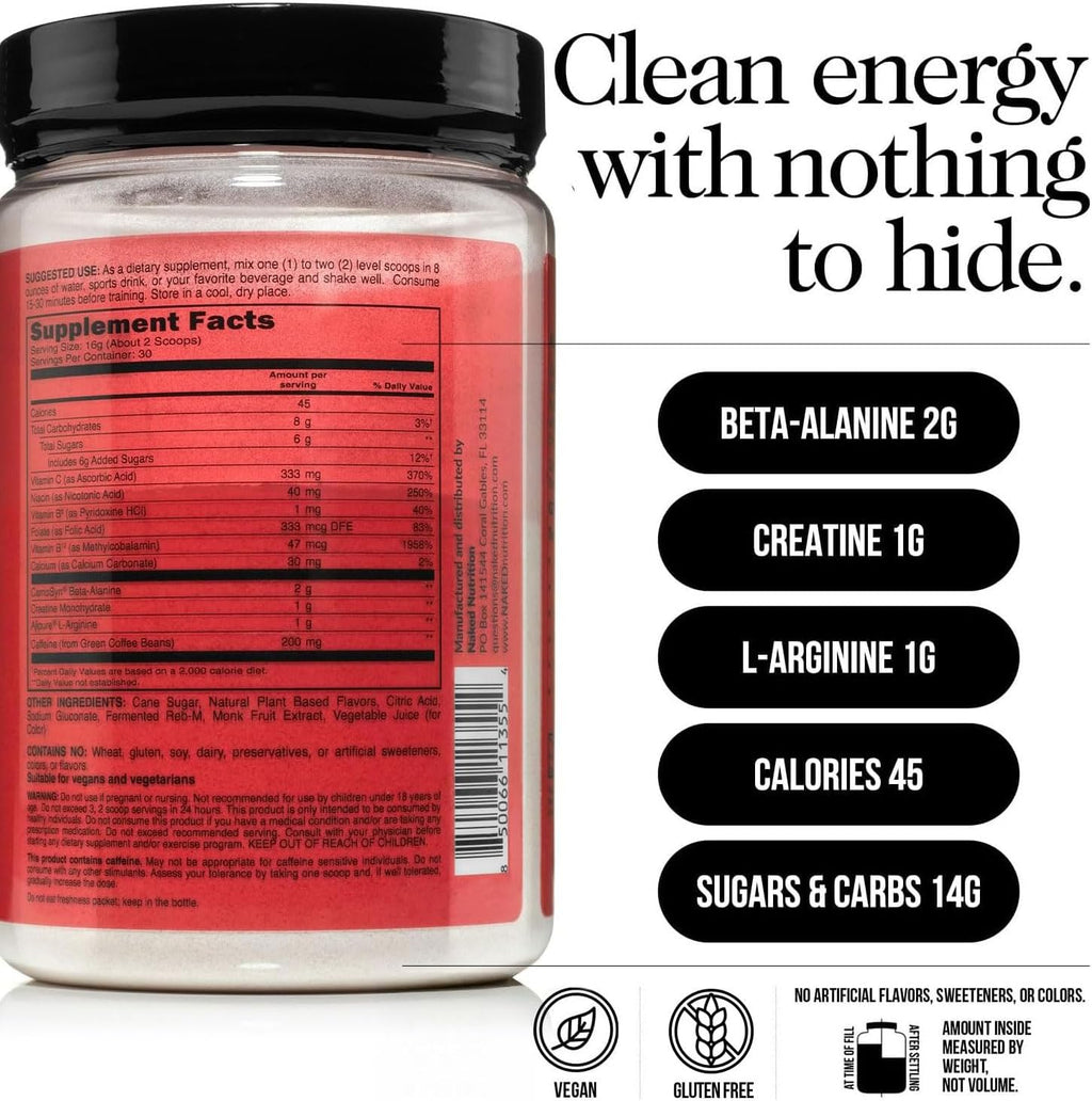 NAKED Cherry Lime Energy - Clean Pre Workout Supplement for Men and Women, Vegan Friendly, No Added Sweeteners, Colors Or Flavors - 30 Servings