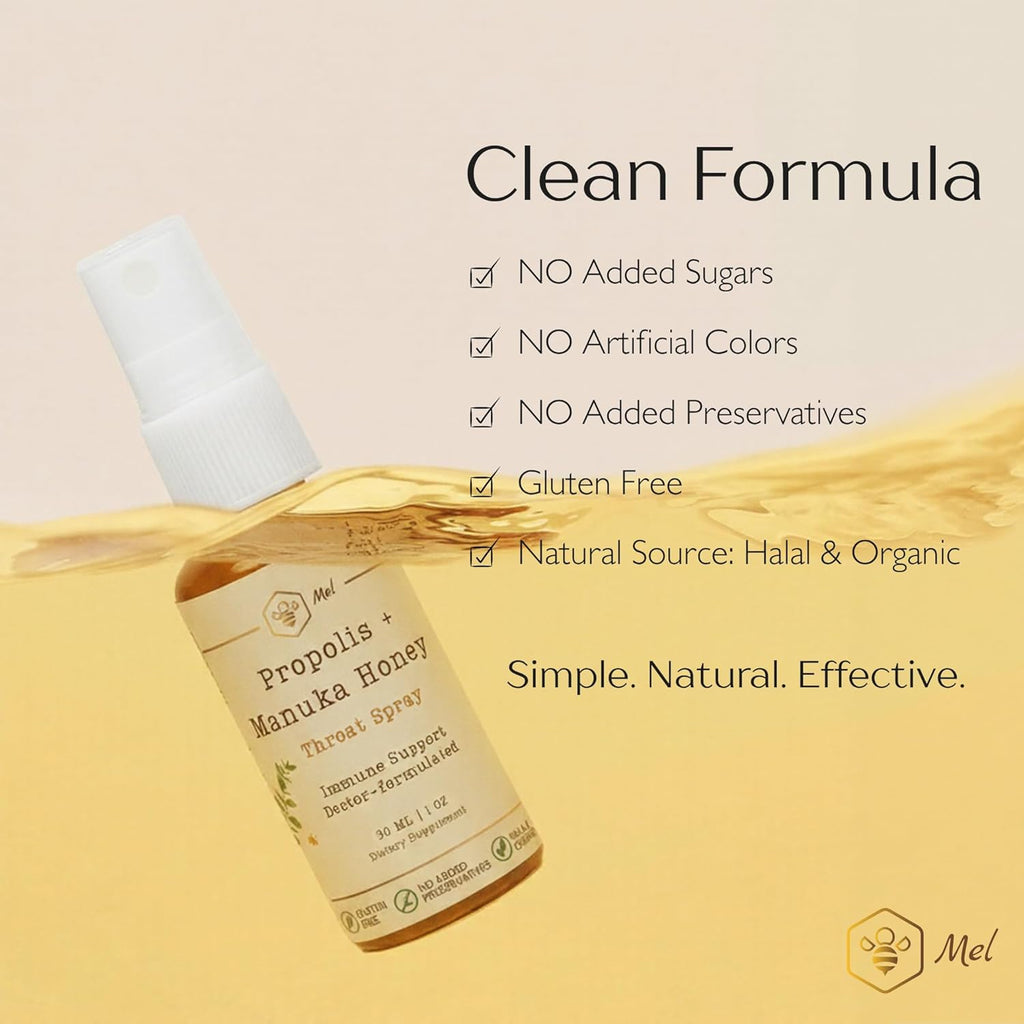 Mel Propolis and Manuka Honey Throat Spray with Lemon for Natural Immune Support & Sore Throat Relief 1 Fl Oz, Antioxidants, Keto, Paleo, Gluten-Free,