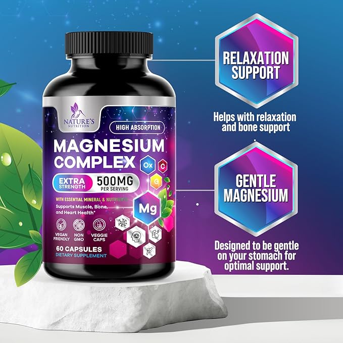 Magnesium Complex Supplement 500 mg - 5 in 1 High Absorption Blend, 100% Chelated Magnesium Glycinate & Malate Plus Citrate, Oxide, Aquamin - Non-GMO, Vegan Formula, Mag Complex Capsules - 60 Count