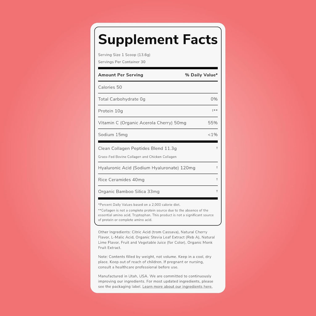 Clean Simple Eats Collagen Powder + Beauty Blend, Cherry Ice Flavor, Hydrolyzed Collagen Peptides from Grass Fed Bovine & Chicken, Hyaluronic Acid for Hair, Skin, Nail & Joint Support, 30 Servings