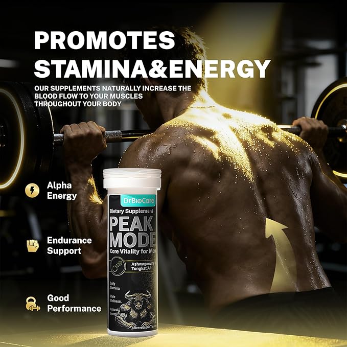 DrBioCare Peak Mode Core Vitality for Men 7-in-1 Effervescent Tablets | Tongkat Ali, Maca & L-Arginine，Ashwagandha, | Boost Stamina, Drive & Blood Flow for Good Performance | Berry Flavor 12 Tablets