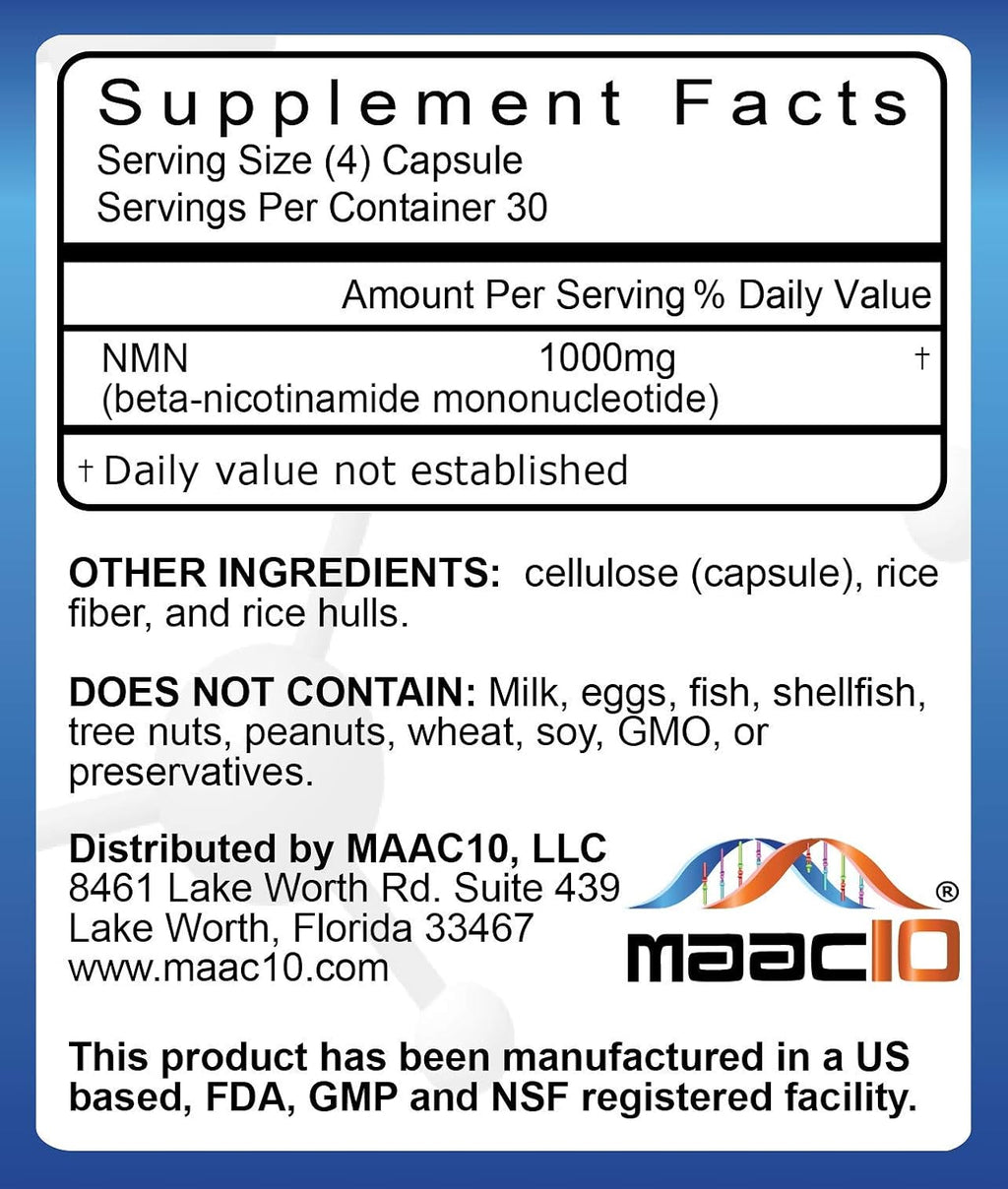 MAAC10 NMN Supplement 1000mg Serving - 99% Pure NMN Nicotinamide Mononucleotide. The Most Powerful NAD Supplement for Optimal Performance (120 Capsules 4 Per Serving).