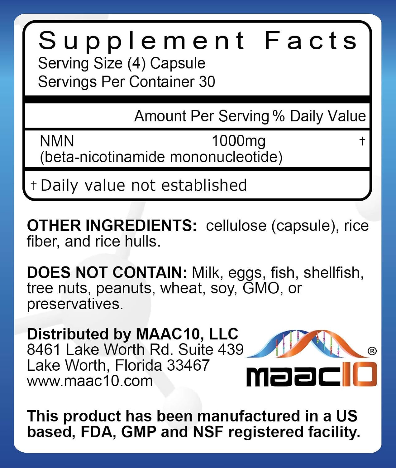 MAAC10 NMN Supplement 1000mg Serving - 99% Pure NMN Nicotinamide Mononucleotide. The Most Powerful NAD Supplement for Optimal Performance (120 Capsules 4 Per Serving).