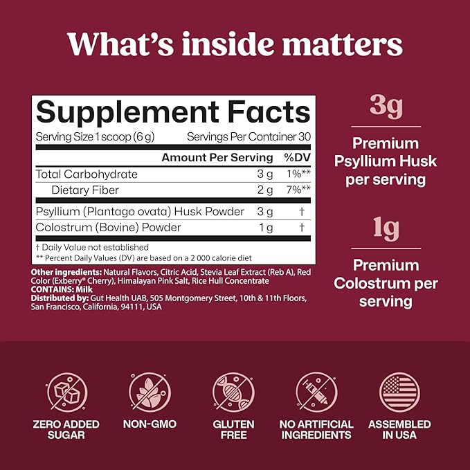 ColonBroom Colostrum + Fiber Supplement (Strawberry Flavor, 30 Servings) | Bovine Colostrum Powder & Psyllium Husk Powder | for Gut Health & Immunity | Gluten-Free, Non-GMO, Sugar-Free