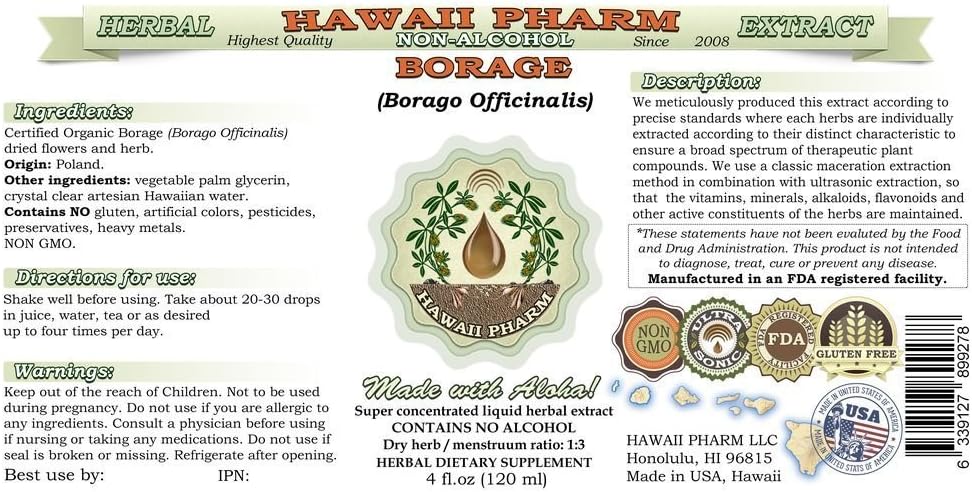 Borage Alcohol-Free Liquid Extract, Borage (Borago Officinalis) Dried Flower and Herb Glycerite Hawaii Pharm Natural Herbal Supplement 64 oz