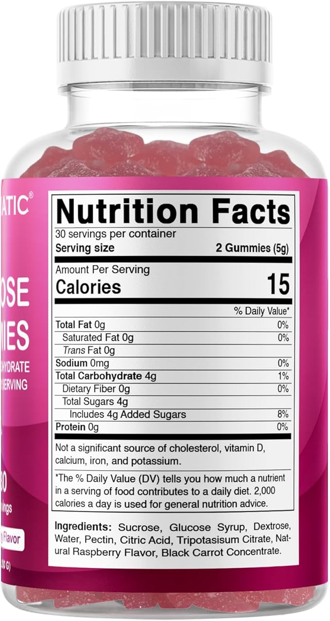 Vitamatic Glucose chewable Gummies - 60 Count - Natural Raspberry Flavor - 4G of Carbohydrate per Serving (1 Bottle)