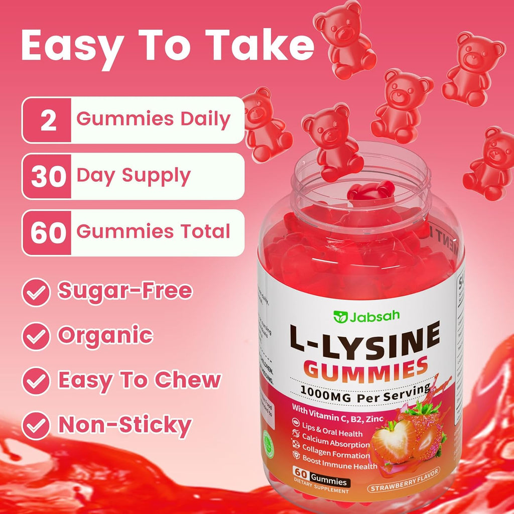 L-Lysine Gummies 1000 mg for Kids and Adults, L-Lysine Supplements with Vitamin C, B2 for Lips & Oral Health, Immune Support & Collagen & Calcium- Vegan, Non GMO, Strawberry Flavor, 120 Count