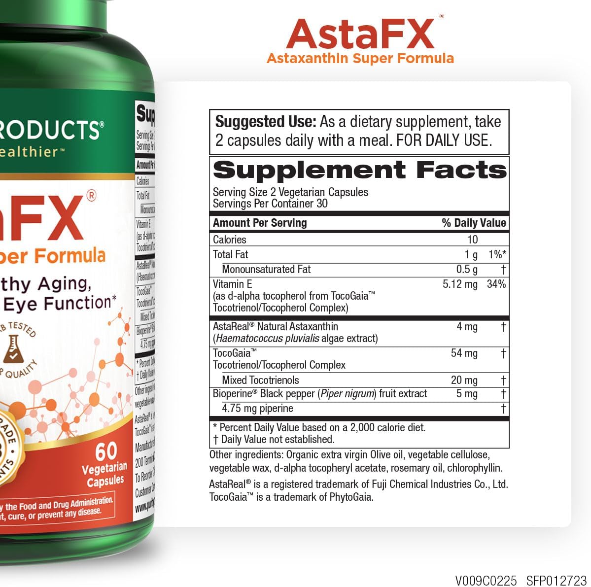 Purity Products AstaFX Astaxanthin Antioxidant Super Formula from Clinically Tested 4 mg AstaREAL with Tocotrienols (Vitamin E) + BioPerine Black Pepper + Piperine - 60 Vegetarian Caps