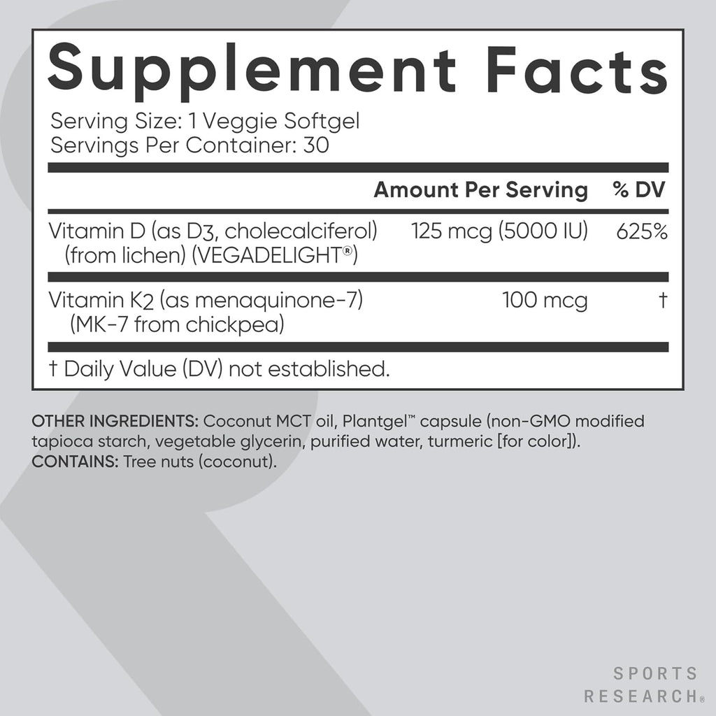 Sports Research Vitamin D3 K2 with Coconut Oil | Plant Based Vitamin K2 MK7 + Vegan D3 5000iu for Bone & Immune Health | Vegan Certified, Soy & Gluten Free - 30 Count Softgels
