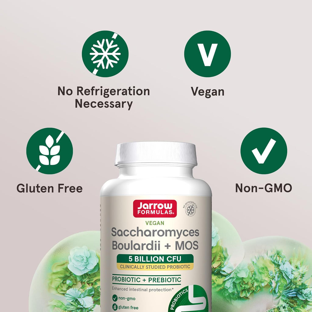 Jarrow Formulas Saccharomyces Boulardii Probiotics + MOS 5 Billion CFU Probiotic Yeast for Intestinal Health Support, Gut Health Supplements for Women and Men, 180 Veggie Capsules, 180 Day Supply