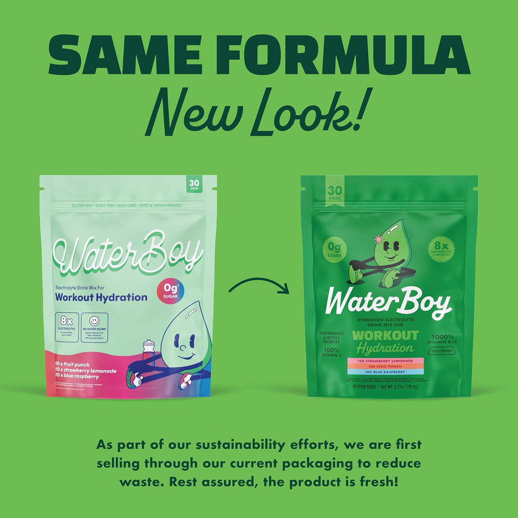Waterboy Workout Hydration | 2,960mg Sugar Free Electrolyte Powder Packets | L-Glutamine + Vitamins | No Sugar, All Natural, Gluten Free (Variety)