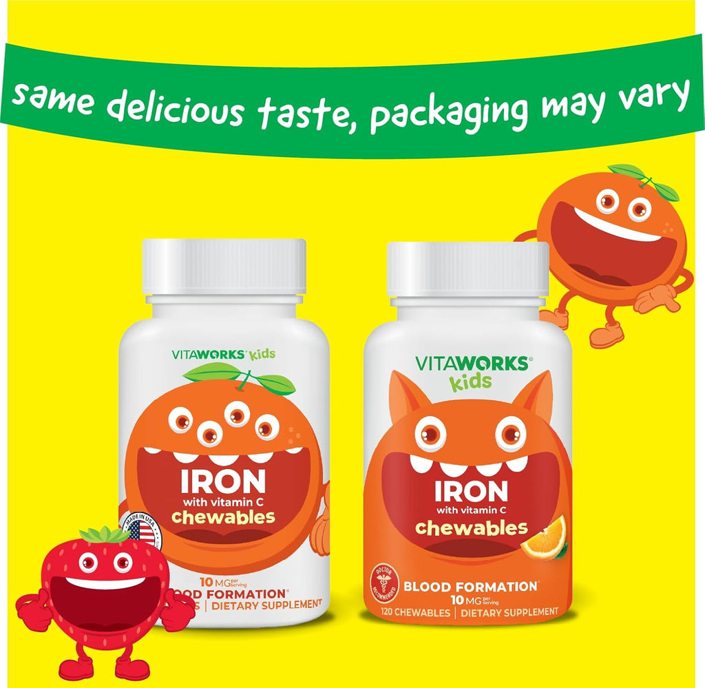 Kids Iron 10mg with Vitamin C 50mg Chewable Tablets - Tasty Natural Flavored - Vegan, Vegetarian, GMO-Free, Nut Free - Dietary Iron Supplement - Blood Formation for Children - 120 Chewables