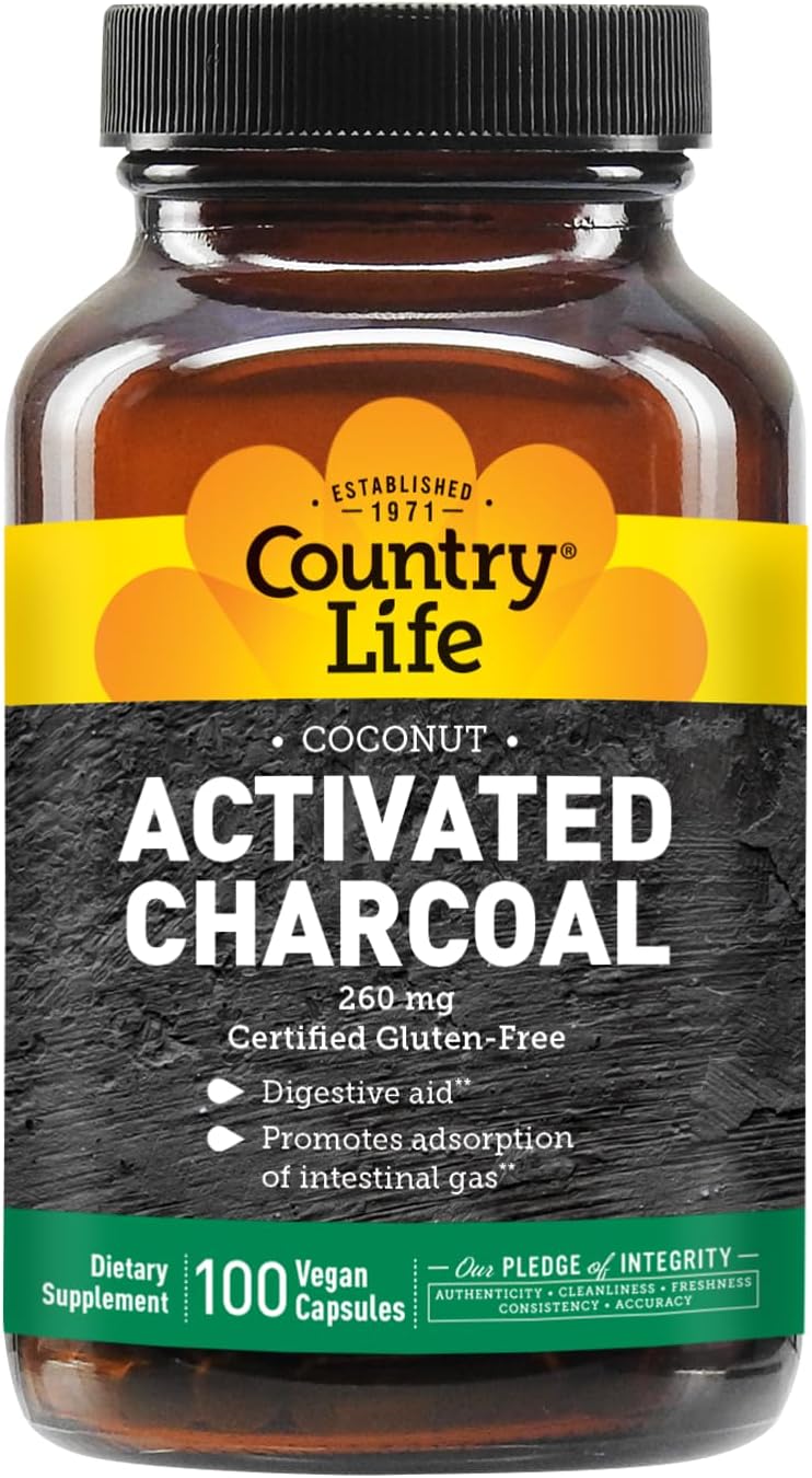 Country Life Coconut Activated Charcoal Capsules, 260mg – Natural Charcoal Supplement for Gas and Bloating Relief - Gluten-Free, 100 Vegan Capsules