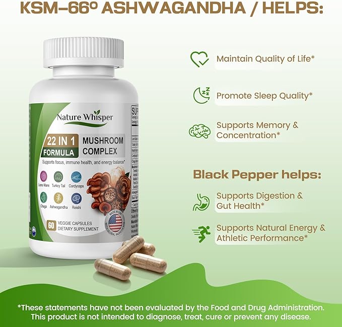 22 in 1 Lions Mane Mushroom Supplement with Ashwagandha | Black Pepper for Wellness Support, Mushrooms Complex with Turkey, Tail, Reishi, Cordyceps, Chaga, Maitake & More - 60 Capsules