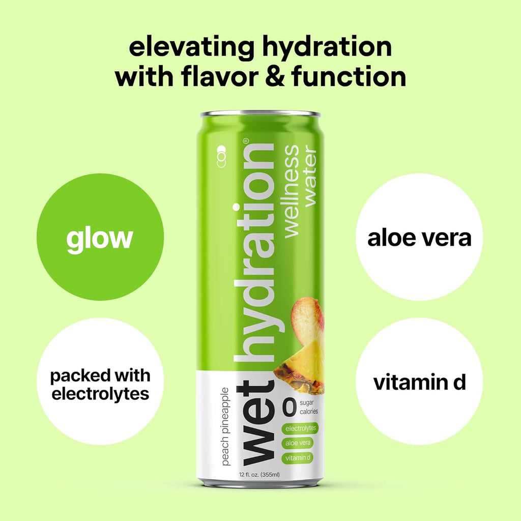 Wet Hydration, Zero Calorie, Functional Wellness Water - Peach Pineapple (12 Ounce Cans, Pack of 12) - Flavored Water, Hydration Drink, No Sugar, No Artificial Ingredients, Zero Calories (Packaging May Vary)