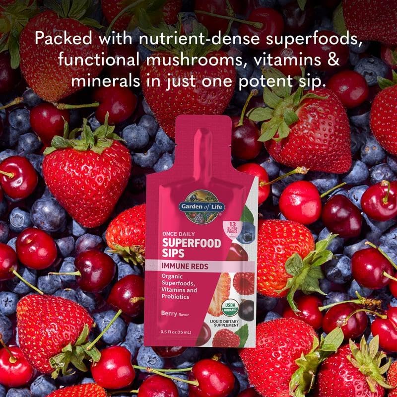 Garden of Life Superfoods Sips Pouches, Vitamins, Probiotics, 13 Organic Superfoods, Immunity Reds, Functional Mushrooms, Once Daily, Organic, Vegan, Preservative-Free, Berry Flavor, 12 Servings