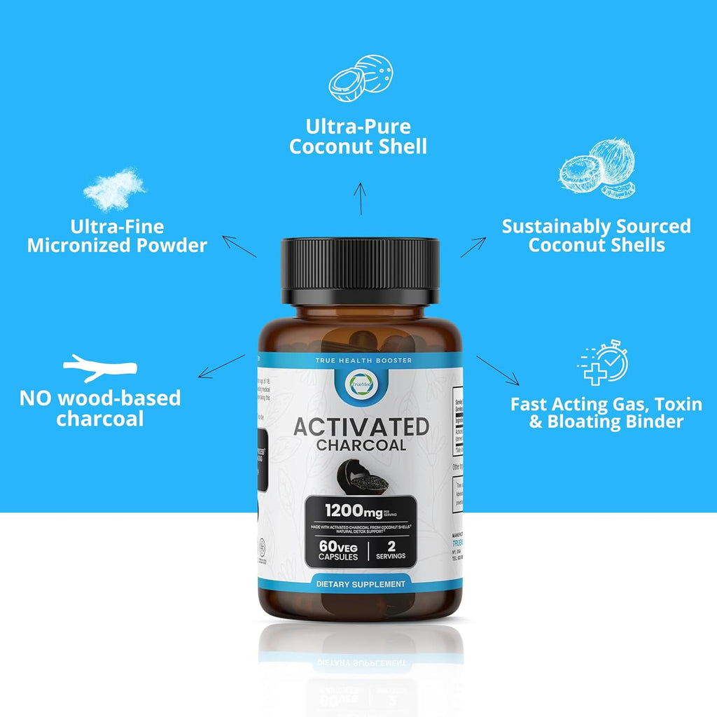 Activated Charcoal Capsules 1200 MG, 60 Veg Caps, 30-Days Premium Detox & Digestive Support, Gas & Bloating Relief, Organic Coconut Shell Charcoal, Gut Health, USA Made.