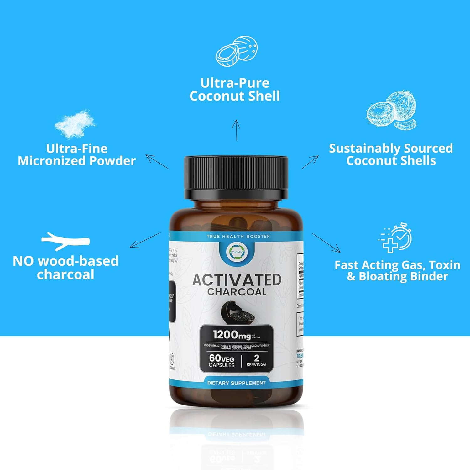 Activated Charcoal Capsules 1200 MG, 60 Veg Caps, 30-Days Premium Detox & Digestive Support, Gas & Bloating Relief, Organic Coconut Shell Charcoal, Gut Health, USA Made.