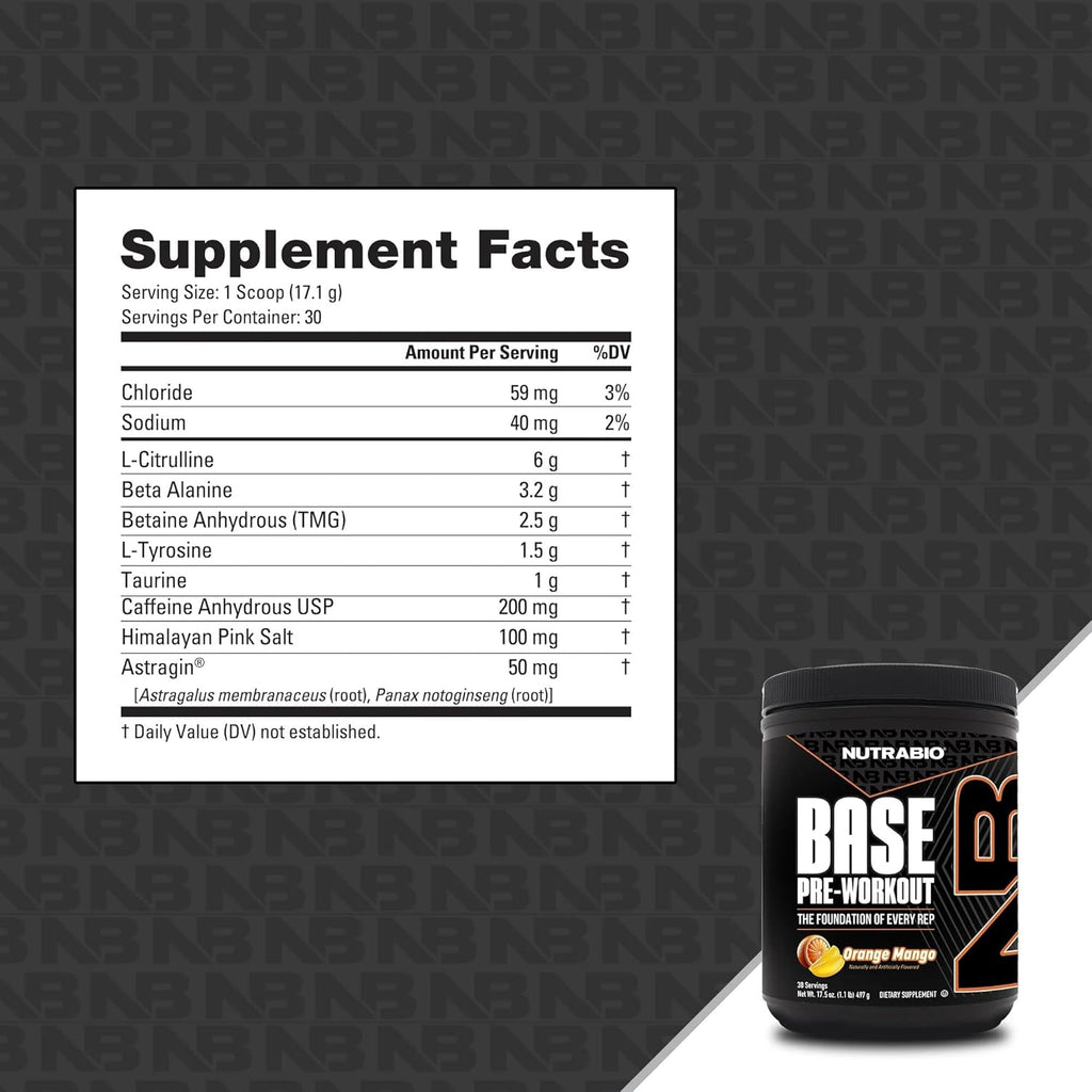NutraBio Base Pre-Workout Powder 200mg Caffeine, Sustained Energy, Focus, Endurance, Pump, Sugar Free, Clean Preworkout for Men and Women - Beta Alanine, L-Tyrosine, 30 Servings - Orange Mango