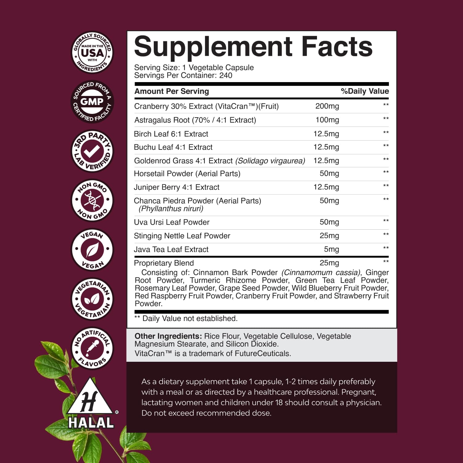 Advanced Kidney Support Supplement - Kidney Cleanse Detox & Repair Cranberry Extract Capsules with Uva Ursi, Stinging Nettle & Astragalus for Kidney Health - Urinary Tract Health - 240 Caps