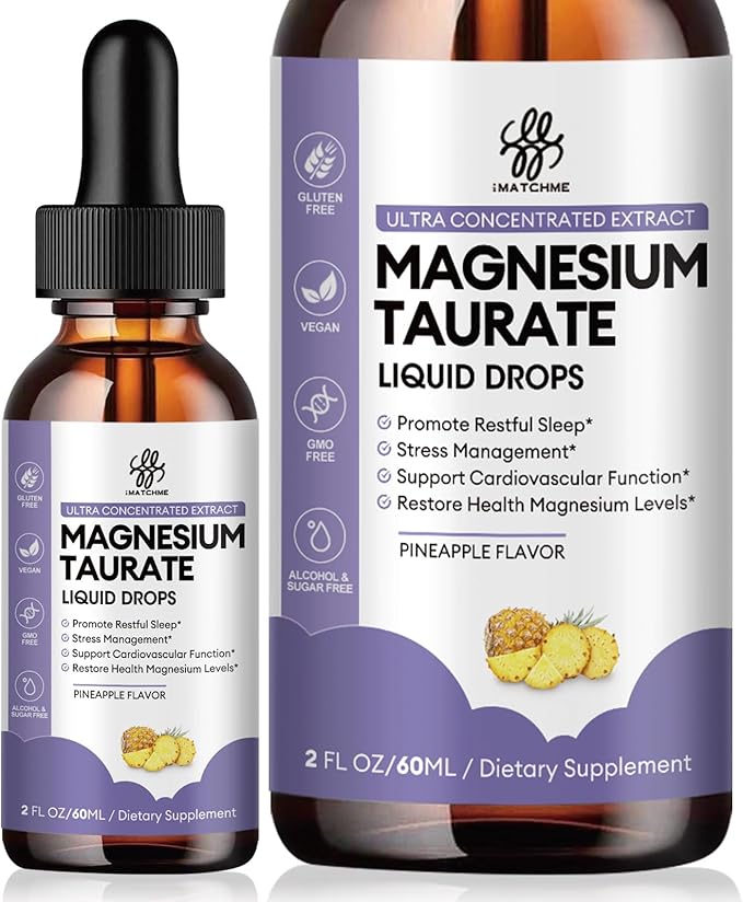 Magnesium Taurate Liquid Drop for Muscle Function, Nerve and Heart Health Support, High Absorption Magnesium Supplement with B6, CoQ10, Vegan, Non-GMO, Gluten/Sugar Free Pineapple Flavor, 2 Fl Oz