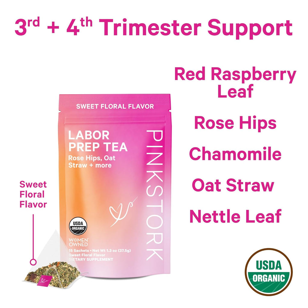 Pink Stork Labor Prep Tea, Organic Red Raspberry Leaf with Chamomile and Rosehip, Caffeine-Free, Pregnancy Must Haves, Labor and Delivery Essentials, Third Trimester Pregnancy - 15 Sachets