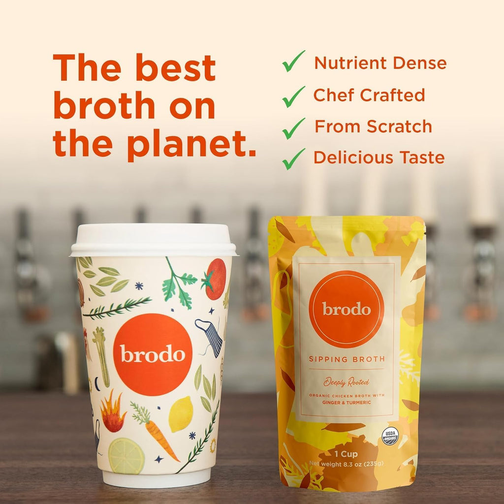 Brodo Organic Chicken Bone Broth, Protein-Rich Bone Broth with Collagen, Nourishing Chicken Broth Low Sodium for Sipping and Cooking, Slow-Simmered for Deep Flavor, (4x 25 oz. Pouches)