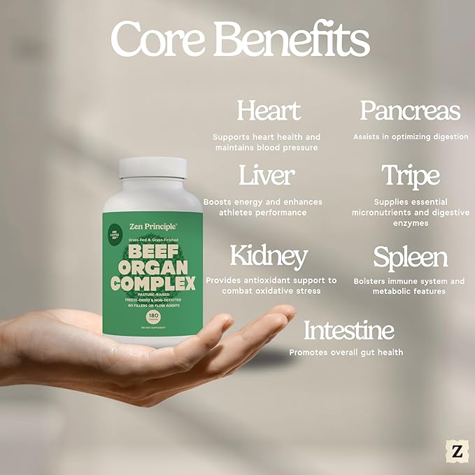 Zen Principle Grass Fed Beef Organs Supplement – Desiccated Liver, Heart, Kidney, Pancreas, Spleen, Intestine & Tripe/Stomach – Grass-Fed & Grass-Finished on The Natural Pastures of New Zealand