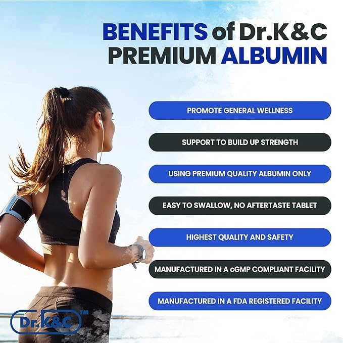 Dr.K&C Premium Albumin Protein Supplement – Extra Strength 1000 mg 120 Tablets Healthy Kidney Liver Promote General Wellness Energy Support Life Balance 1pk