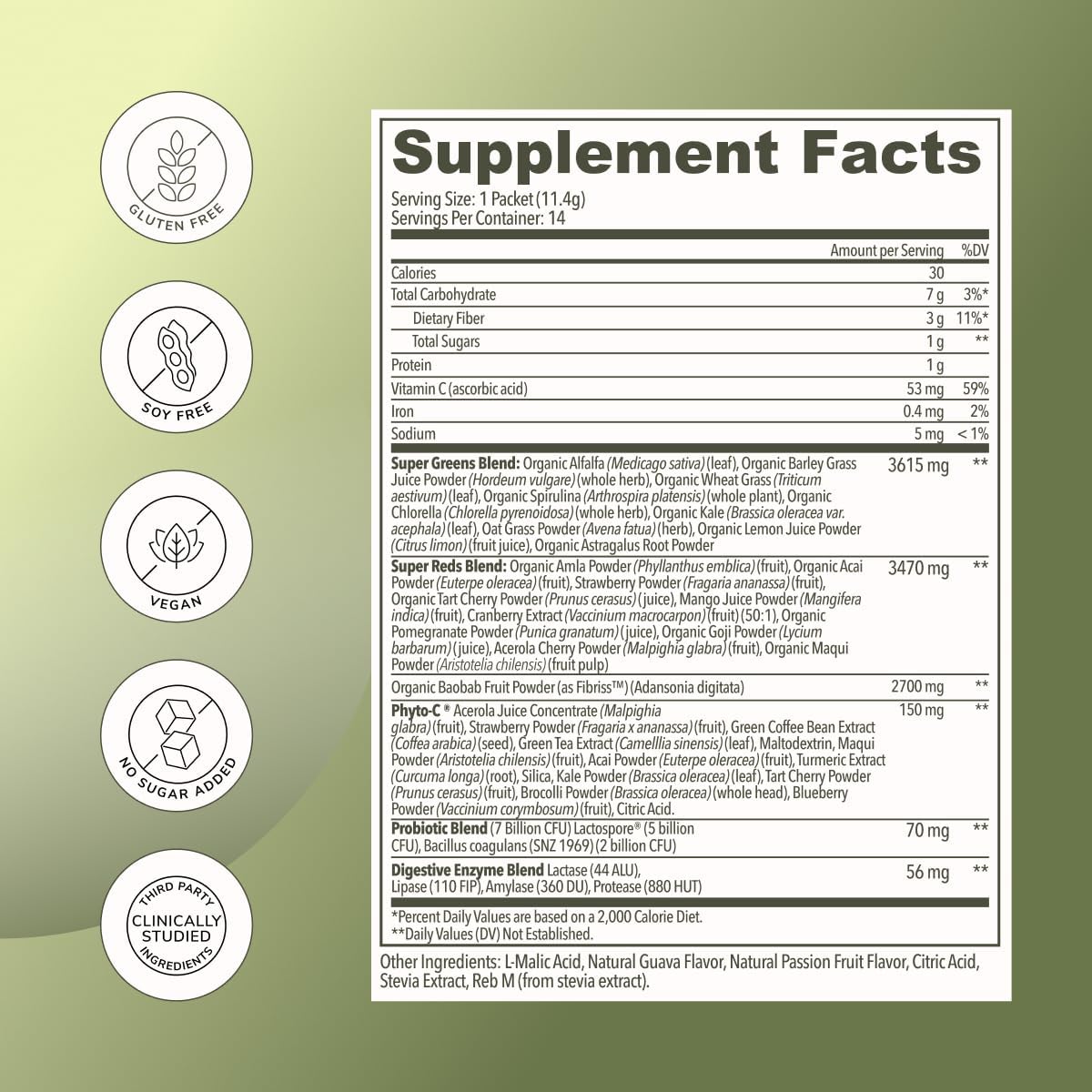 Rookie Wellness Greens + Superfoods - Greens Superfoods Powder Drink Made with Whole Food Sourced Ingredients Contains Vitamins, Probiotics, Antioxidants, and Baobab Fiber (14 Servings, Passion Guava)