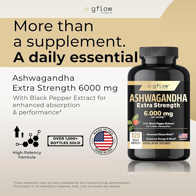 Ashwagandha Supplements for Women and Men 6000mg | Sleep, Mood and Energy Support | Extra Strength, Vegan Friendly, Non-GMO, Made in USA - Pack of 2