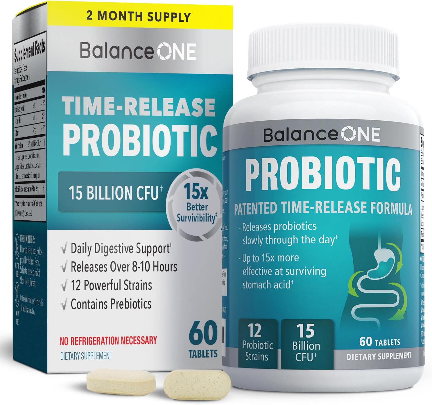 Balance ONE Probiotic for Women & Men – Time-Release Tablets for 15x Survivability – 12-Strain Formula with L. Plantarum & L. Acidophilus – Gut & Digestive Health Support – 60 Tablets (30-Day Supply)