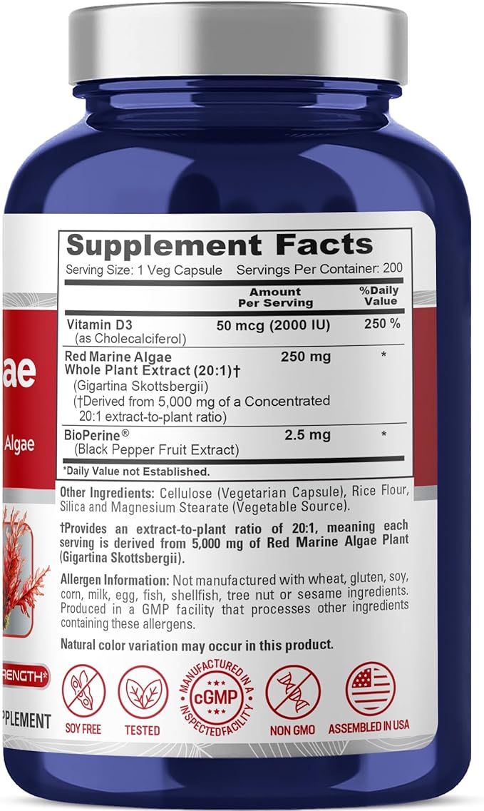 NusaPure Red Marine Algae 20:1 Extract, 250 mg Equivalent to 5,000 mg 200 Veggie Capsules (Non-GMO & Soy Free) Bioperine