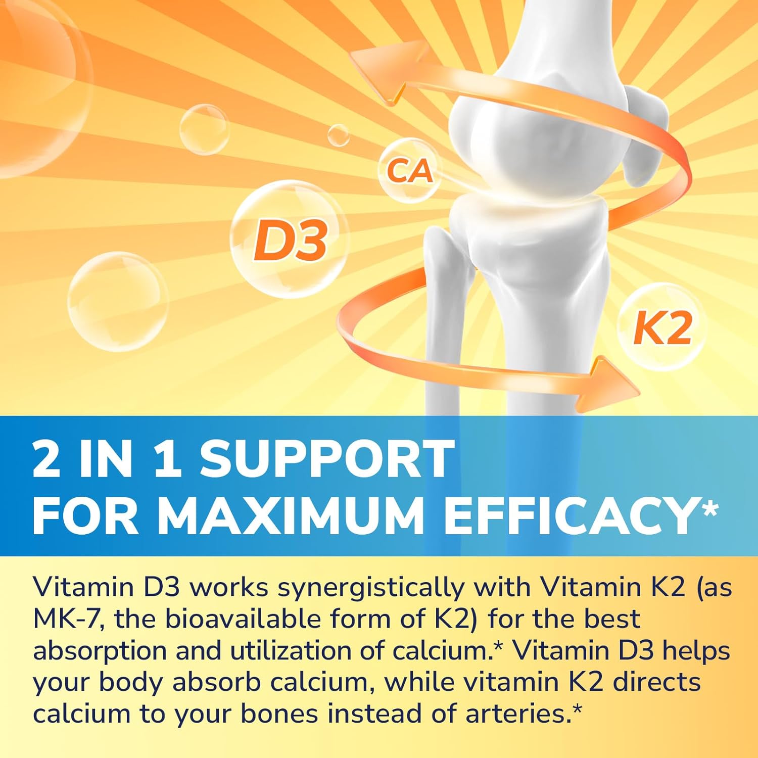 Vitamin D3 K2 Supplement, 10000 IU D3 / 200 mcg K2 MK7, Calcium Absorption, Bone, Heart, Immune & Mood Support, Enhanced Absorption, No Soy, Easy to Swallow, 300 Softgels