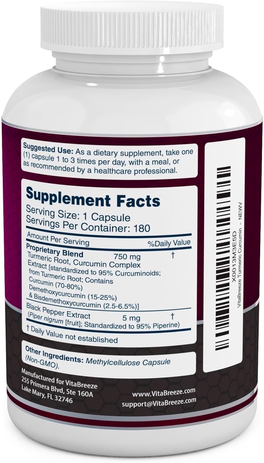 Turmeric Curcumin Complex with Black Pepper Extract - 755mg per Capsule, 180 Veg. Caps - Contains Piperine (for Superior Absorption and Tumeric Bio-Availability) and 95% Standardized Curcuminoids